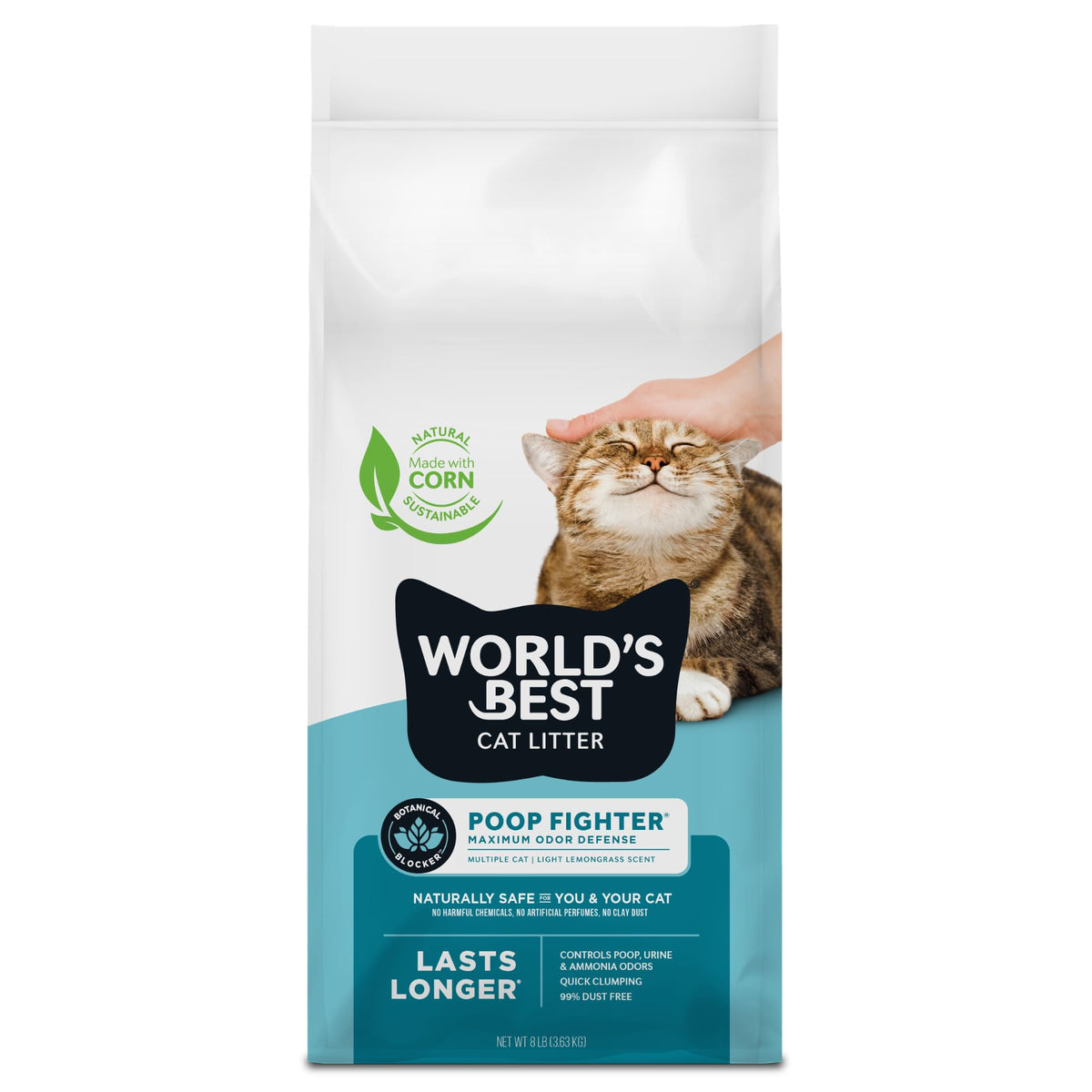 World's Best Cat Litter Poop Fighter packaging highlights sustainable formula and easy handling.