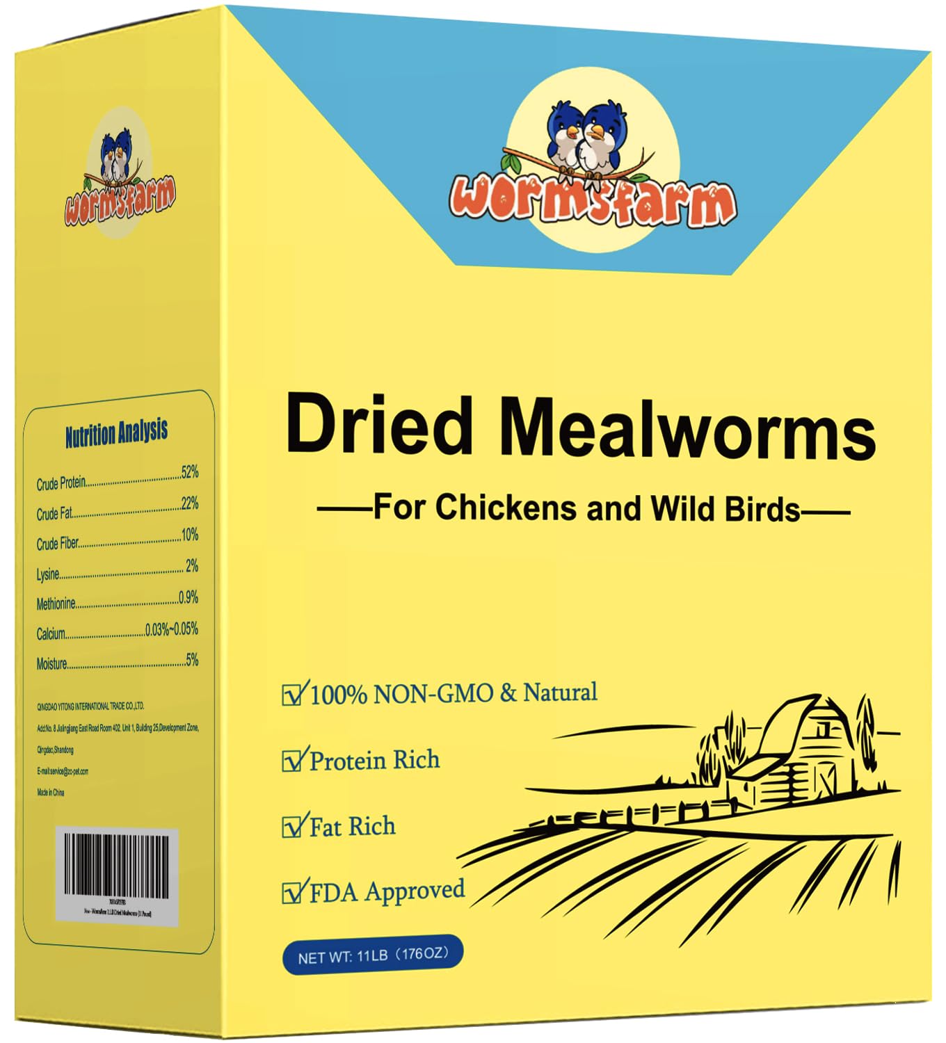 WormsFarm dried mealworms 11lb bag for chickens, crisp and protein-rich snack.