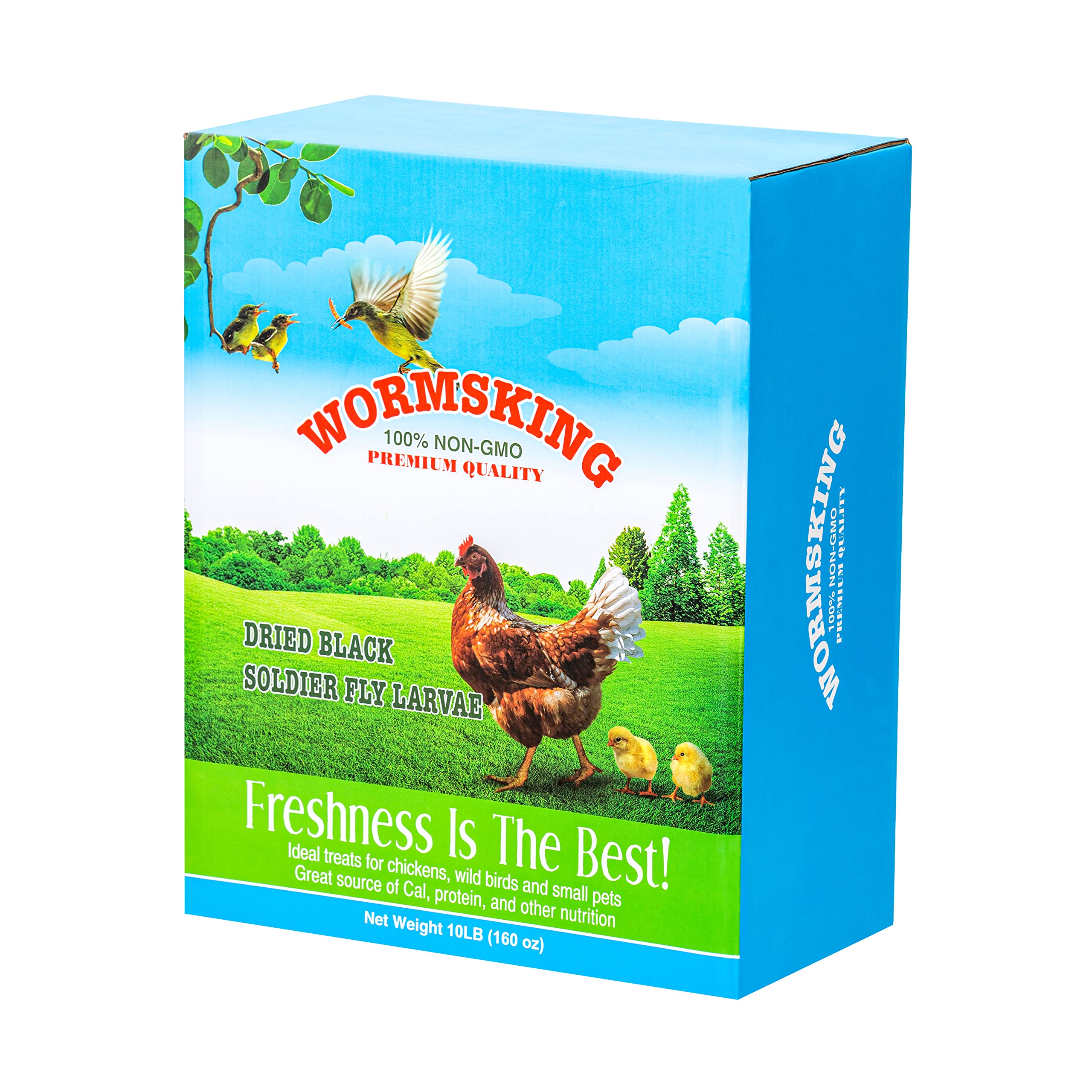 WORMSKING 10lb dried BSF larvae shown for poultry feed and treats.
