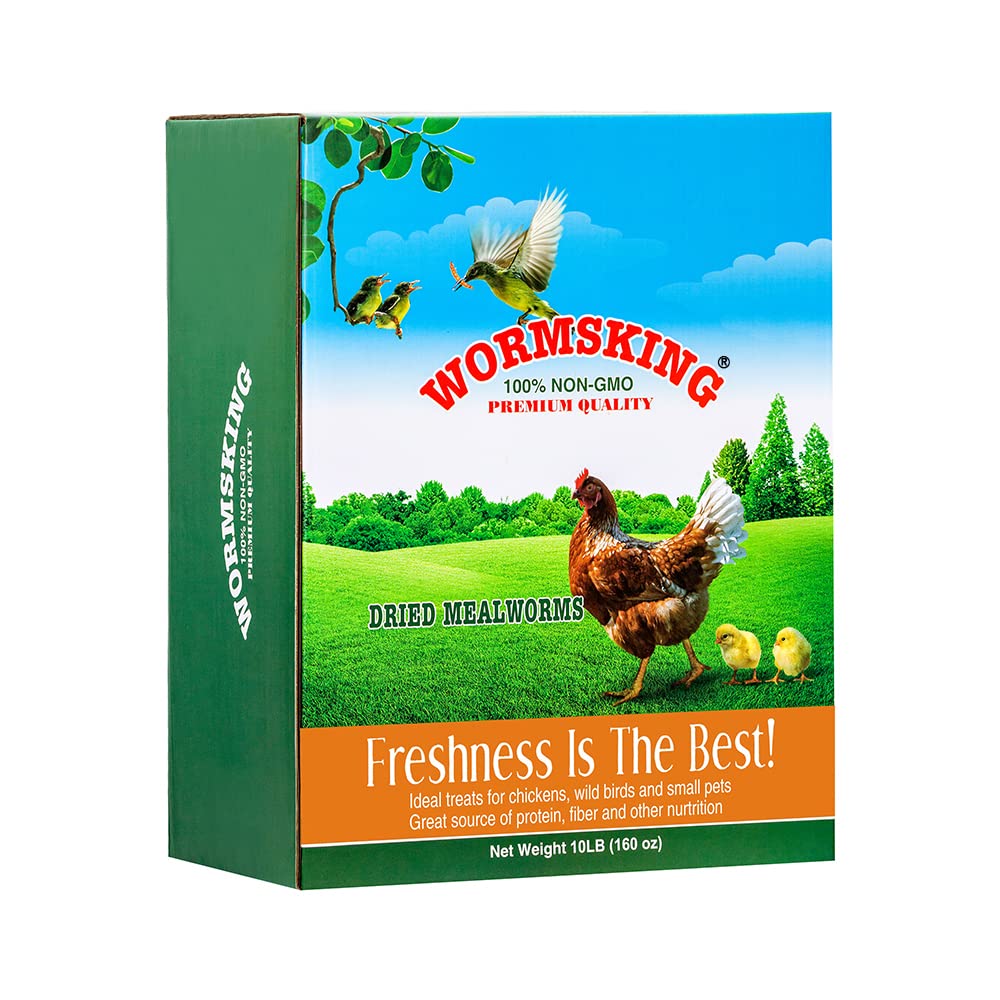 WORMSKING 10lb dried mealworms in a bag for fresh poultry nutrition.