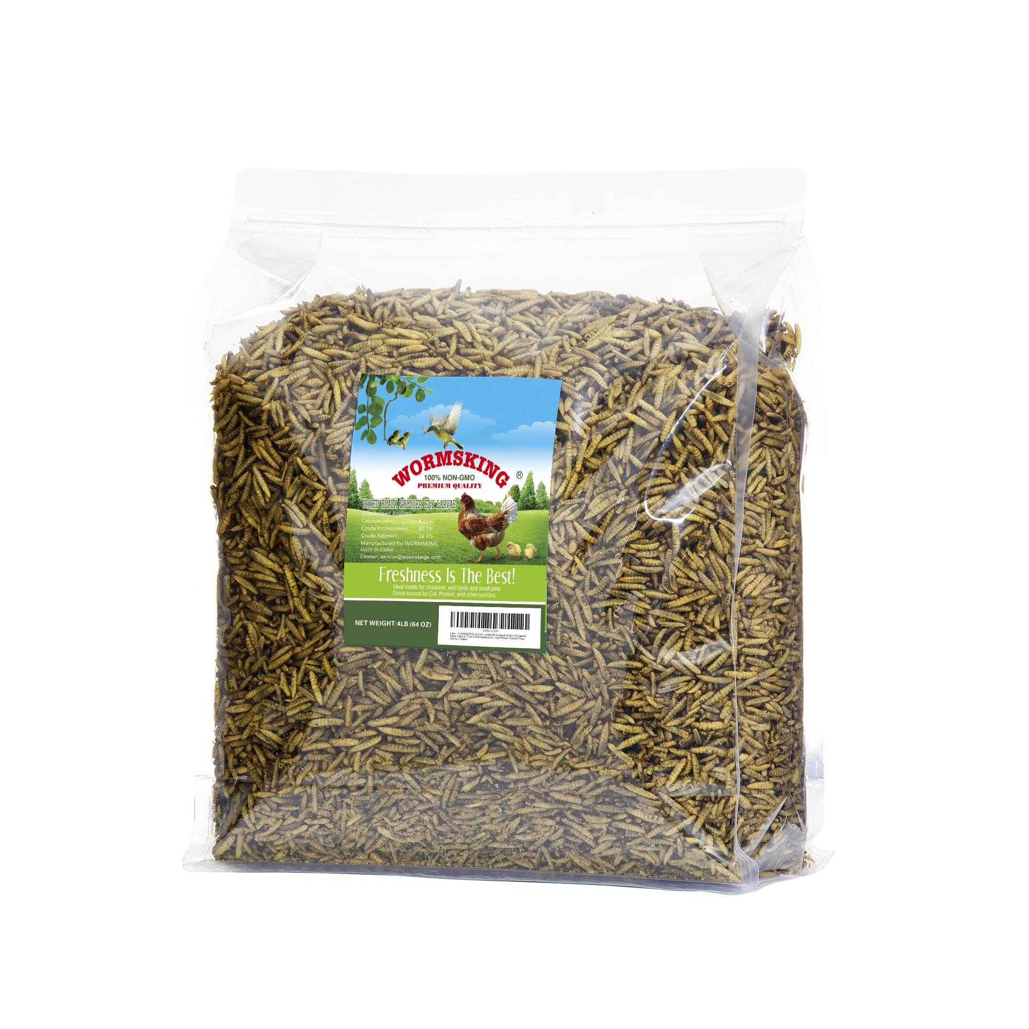 WORMSKING BSF larvae in bag front view, calcium-rich poultry snack