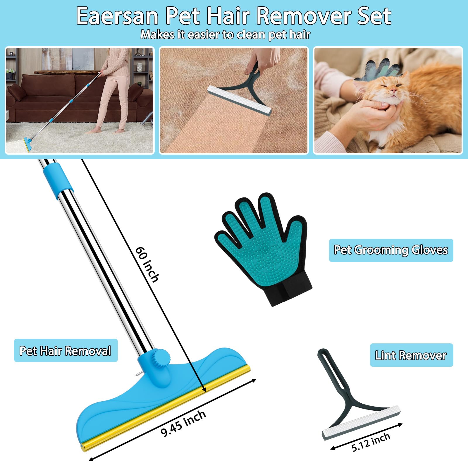 WOSWOK copper-tine carpet rake digs into fibers to lift embedded pet hair.