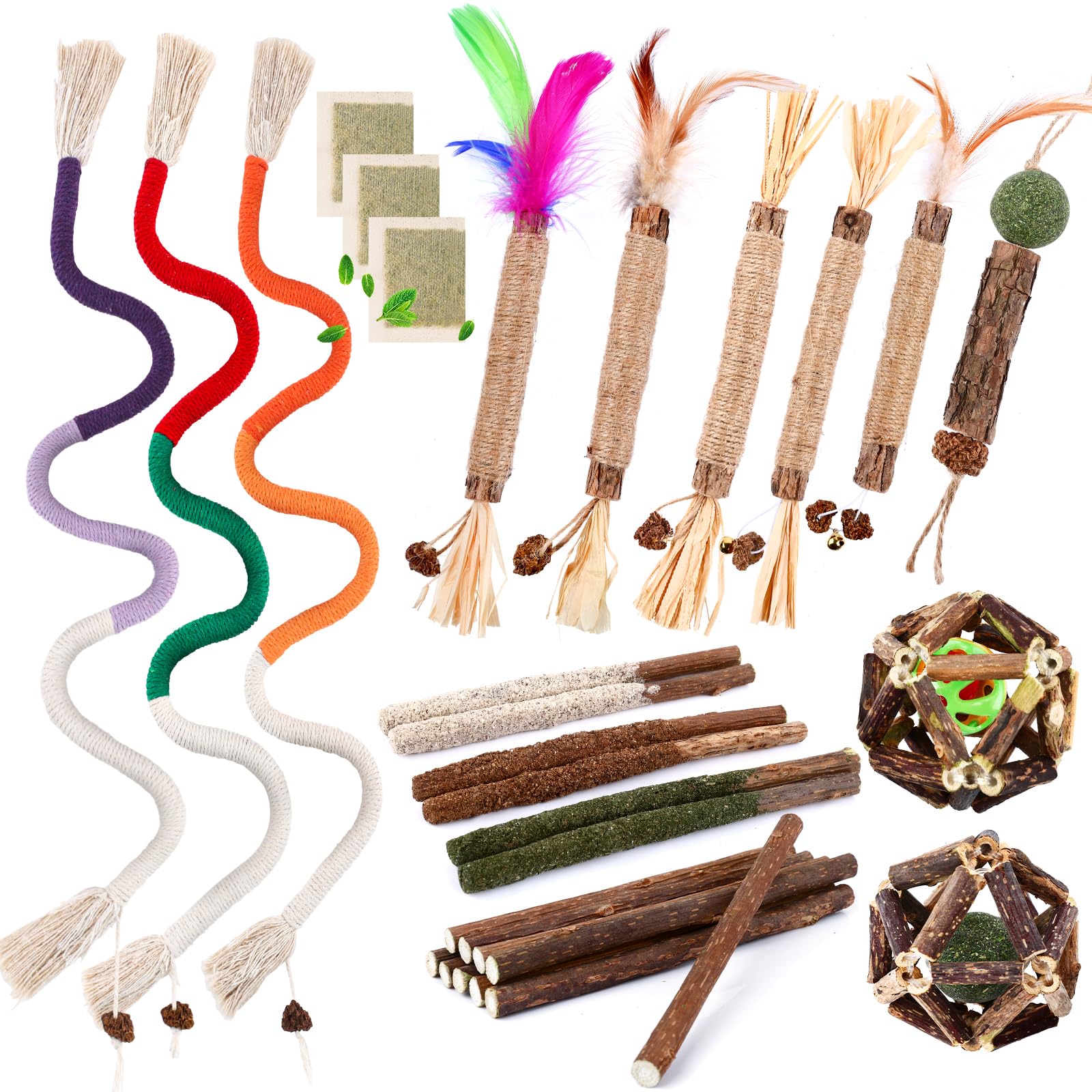 WOUSEDO catnip chew toys 27-pack showcasing natural scents to spark playful chewing.