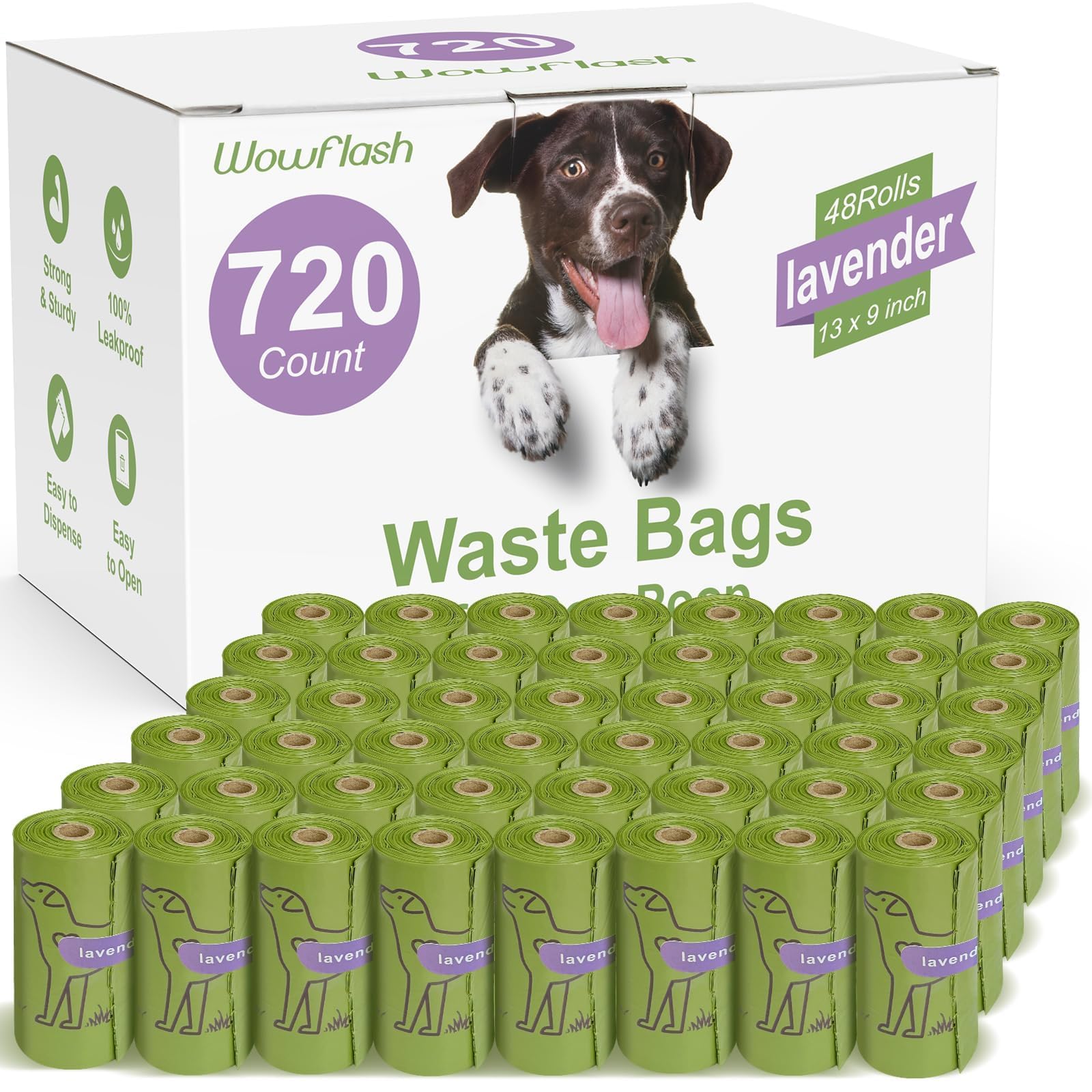 Wowflash lavender scented poop bags on a roll for clean, odor-controlled pickups.