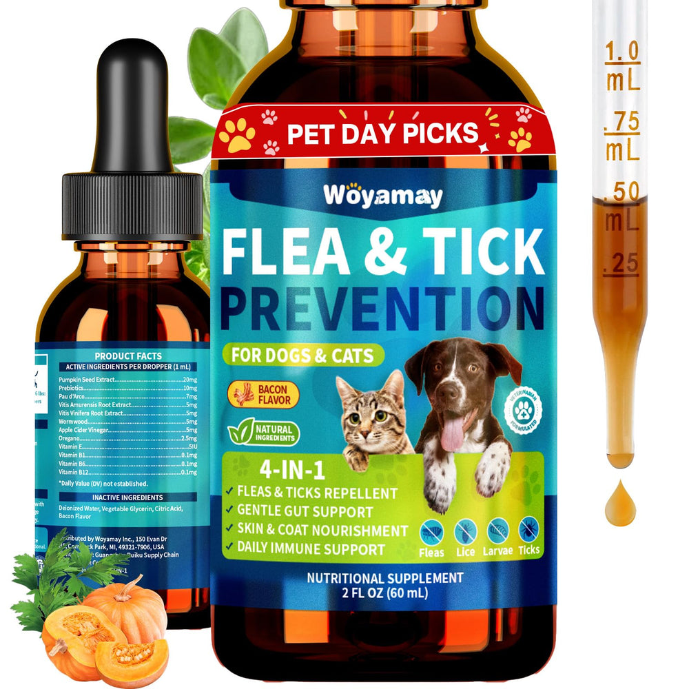 Woyamay 4-in-1 flea drops bottle for pets with natural preventive care