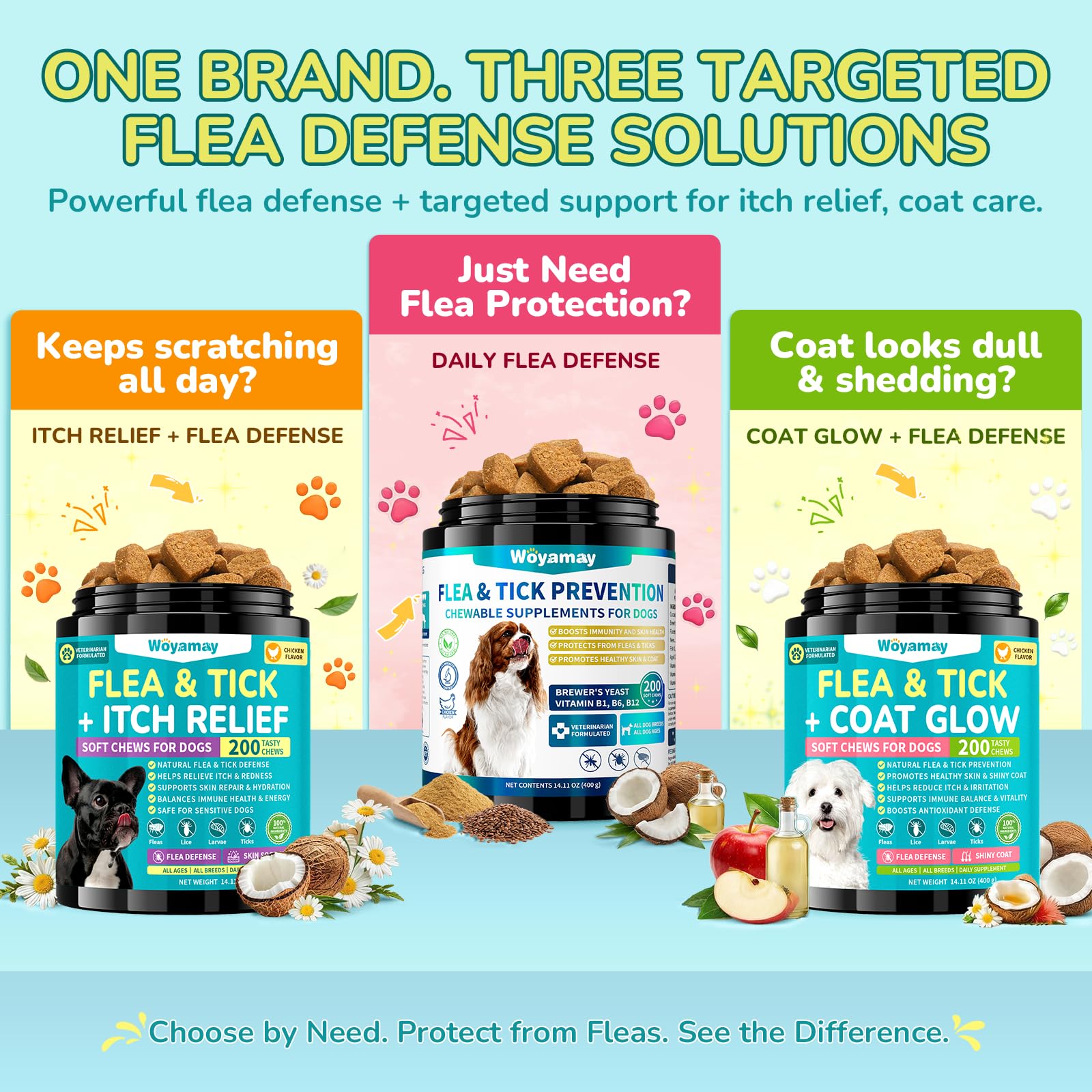 Woyamay all-in-one flea prevention and itch relief chews in a jar.