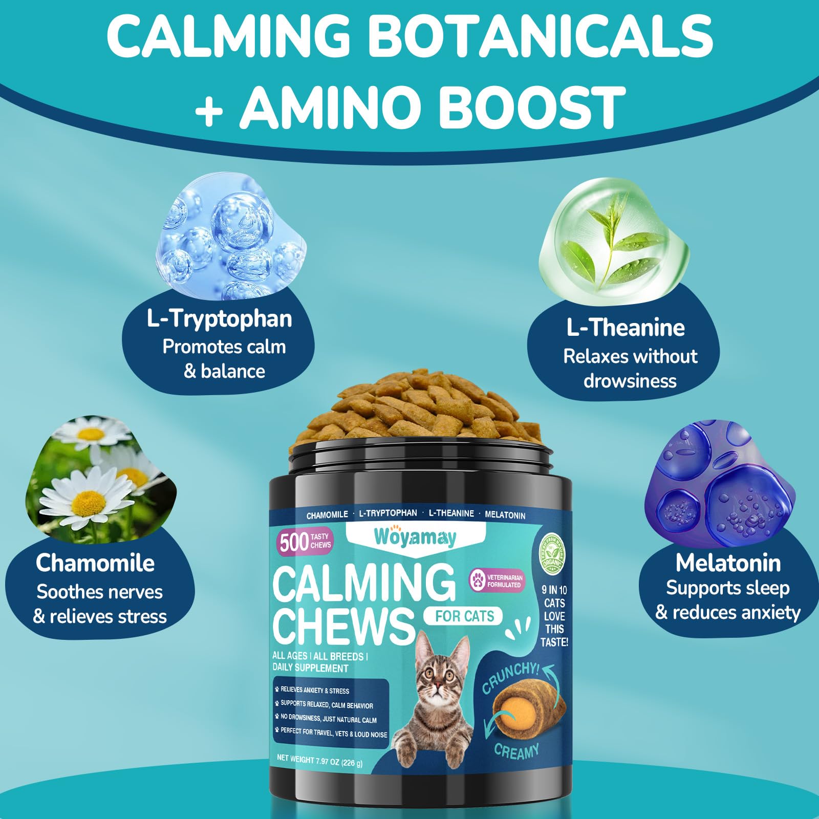 Woyamay bottle highlighting natural calming support for cats