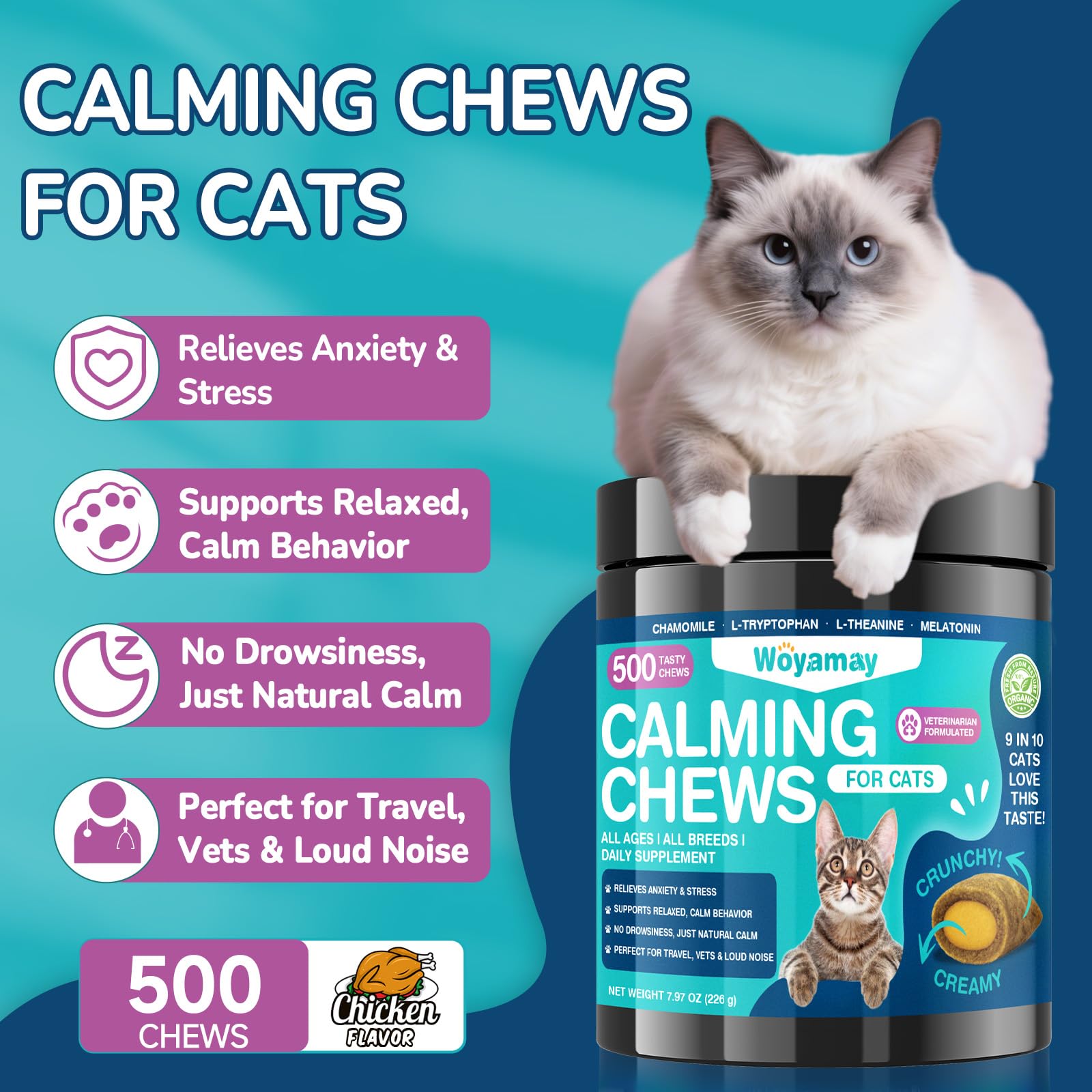 Woyamay calming chews with crunchy shell and cheese core for stress relief