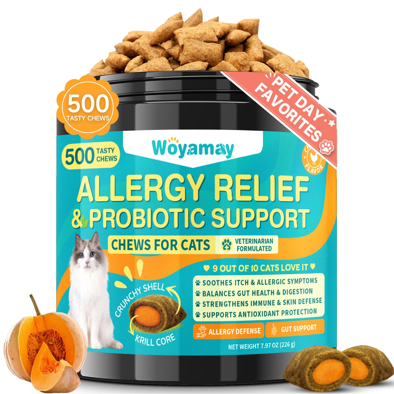 Woyamay Cat Allergy Relief bottle shows convenient daily probiotic support for skin and gut.