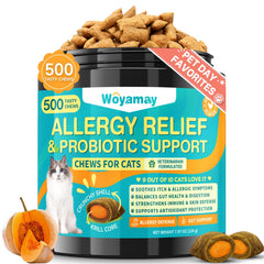 Woyamay Cat Allergy Relief bottle shows convenient daily probiotic support for skin and gut.
