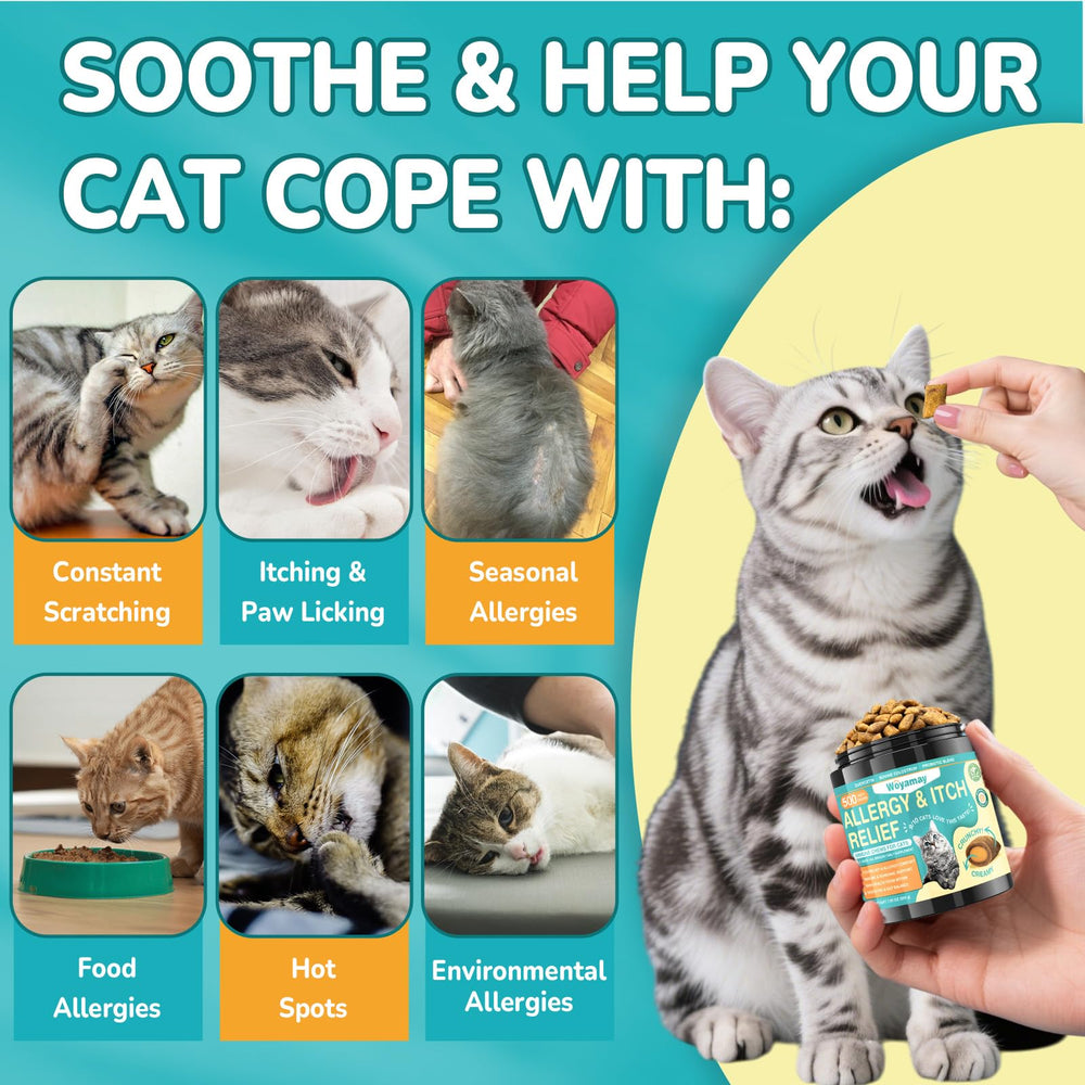 Woyamay Cat Allergy Relief Chews bottle label close-up emphasizes natural ingredients.