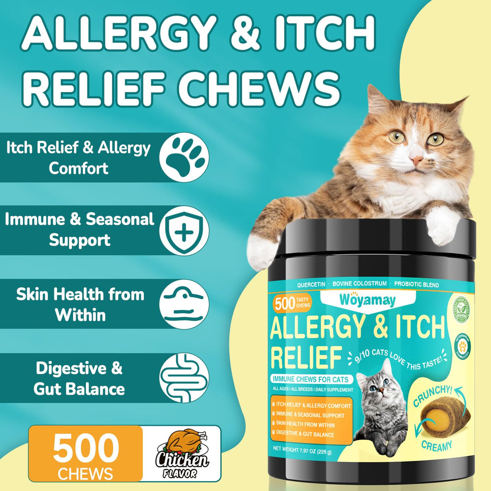 Woyamay Cat Allergy Relief Chews close-up shows crispy exterior and cheese-filled core for picky eaters.