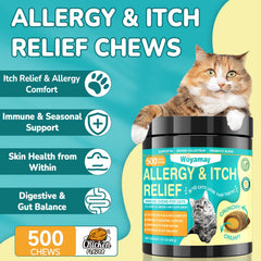 Woyamay Cat Allergy Relief Chews close-up shows crispy exterior and cheese-filled core for picky eaters.