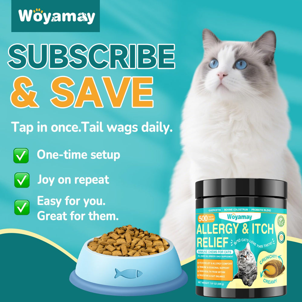Woyamay grain-free formula icon signals suitability for cats with sensitivities.