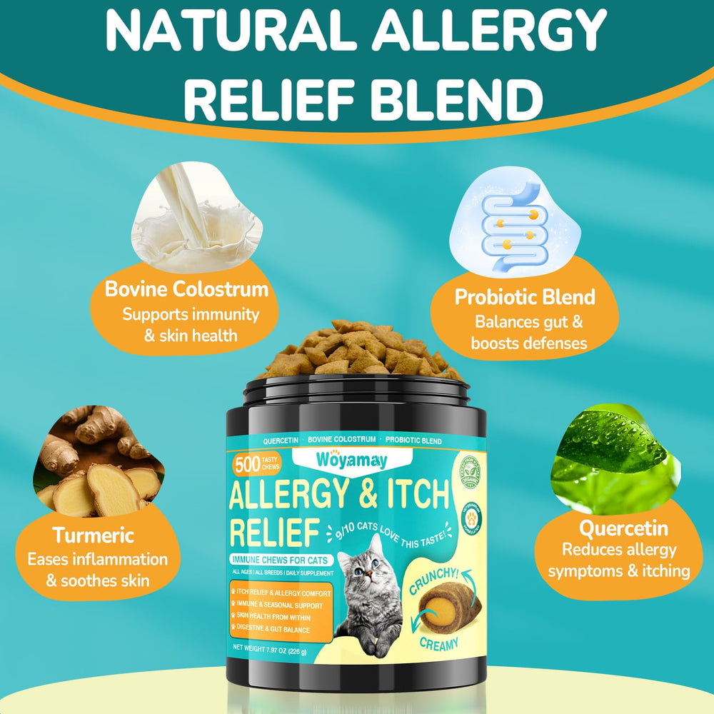 Woyamay Cat Allergy Relief Chews ingredient panel highlights quercetin, turmeric, and omega oils.