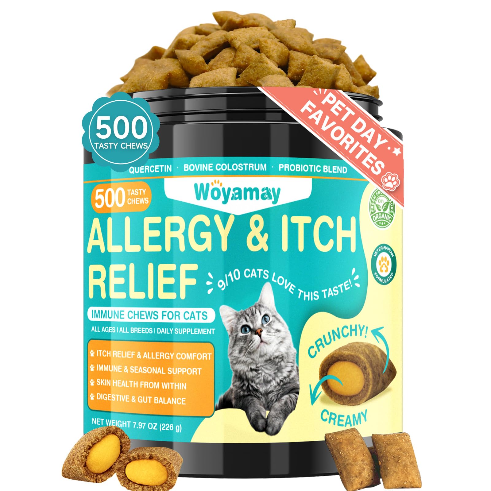 Woyamay Cat Allergy Relief Chews pack shot highlighting chicken flavor for itch and immune support.