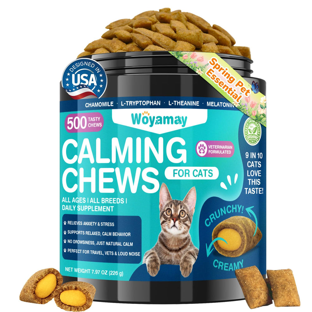 Woyamay cat calming treats bottle showing a tasty daily calm for anxious cats
