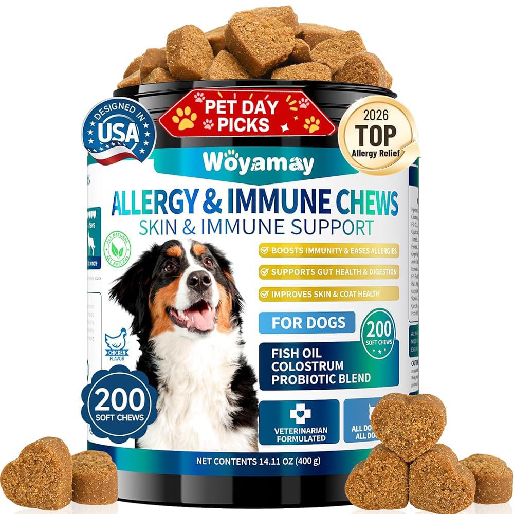 Woyamay dog allergy chews bottle showing easy daily use.