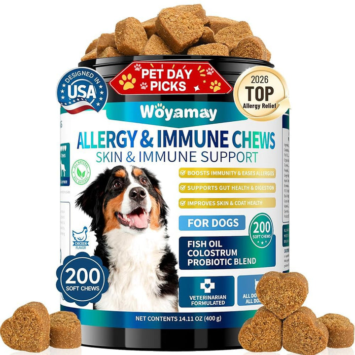 Woyamay dog allergy chews bottle showing easy daily use.