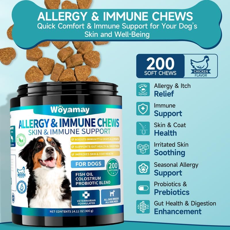 Woyamay dog allergy chews chicken flavor treats for picky dogs.