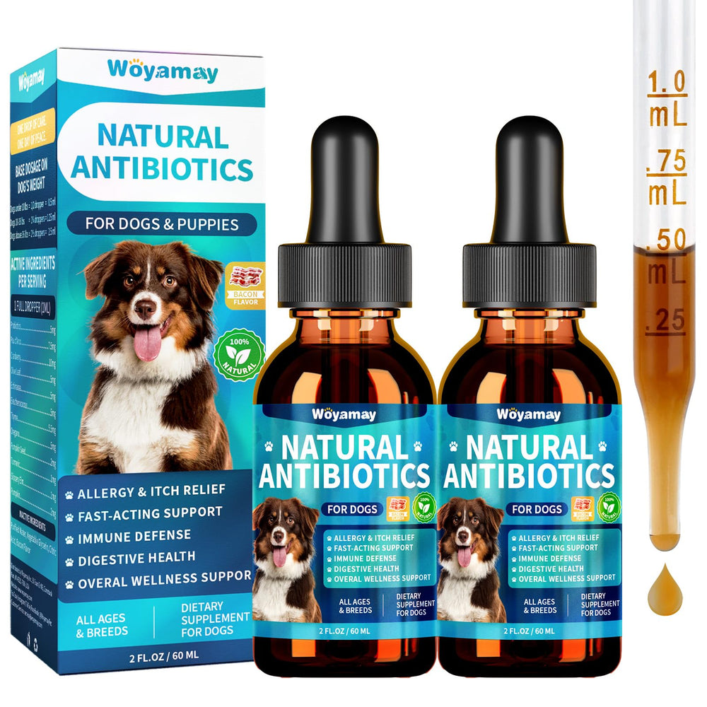 Woyamay dog antibiotics bottle showing a natural formula for allergy relief and skin comfort.