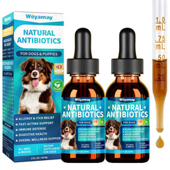 Woyamay dog antibiotics bottle showing a natural formula for allergy relief and skin comfort.