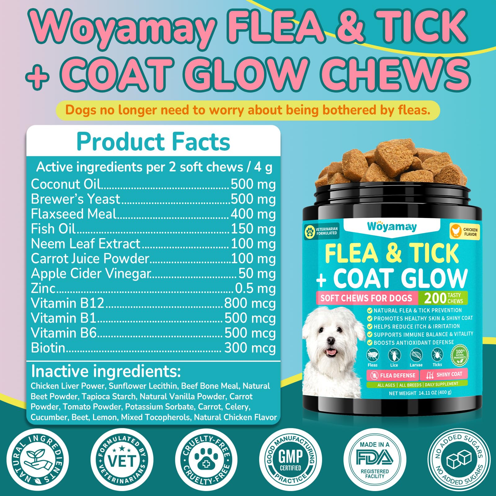 Woyamay dog beside chews, implying easy integration into meals or rewards.