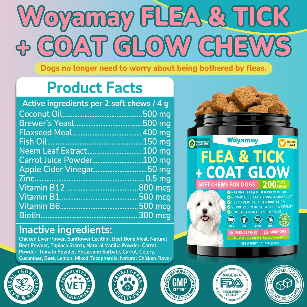 Woyamay dog beside chews, implying easy integration into meals or rewards.