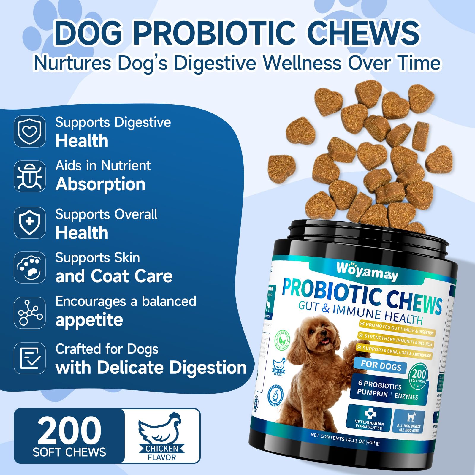 Woyamay Dog Probiotic chews in chicken flavor entice dogs and support daily gut care