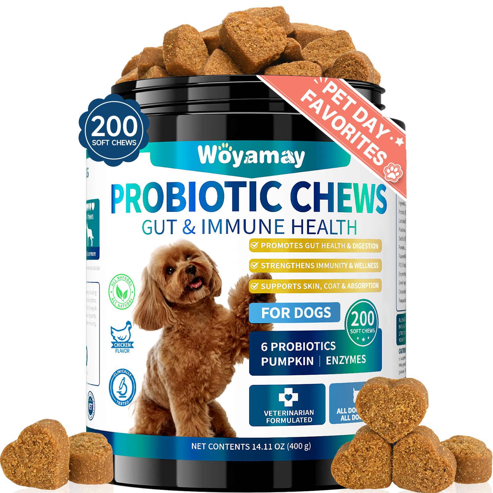 Woyamay Dog Probiotic chews packaging highlights gut health support for dogs