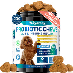 Woyamay Dog Probiotic chews packaging highlights gut health support for dogs