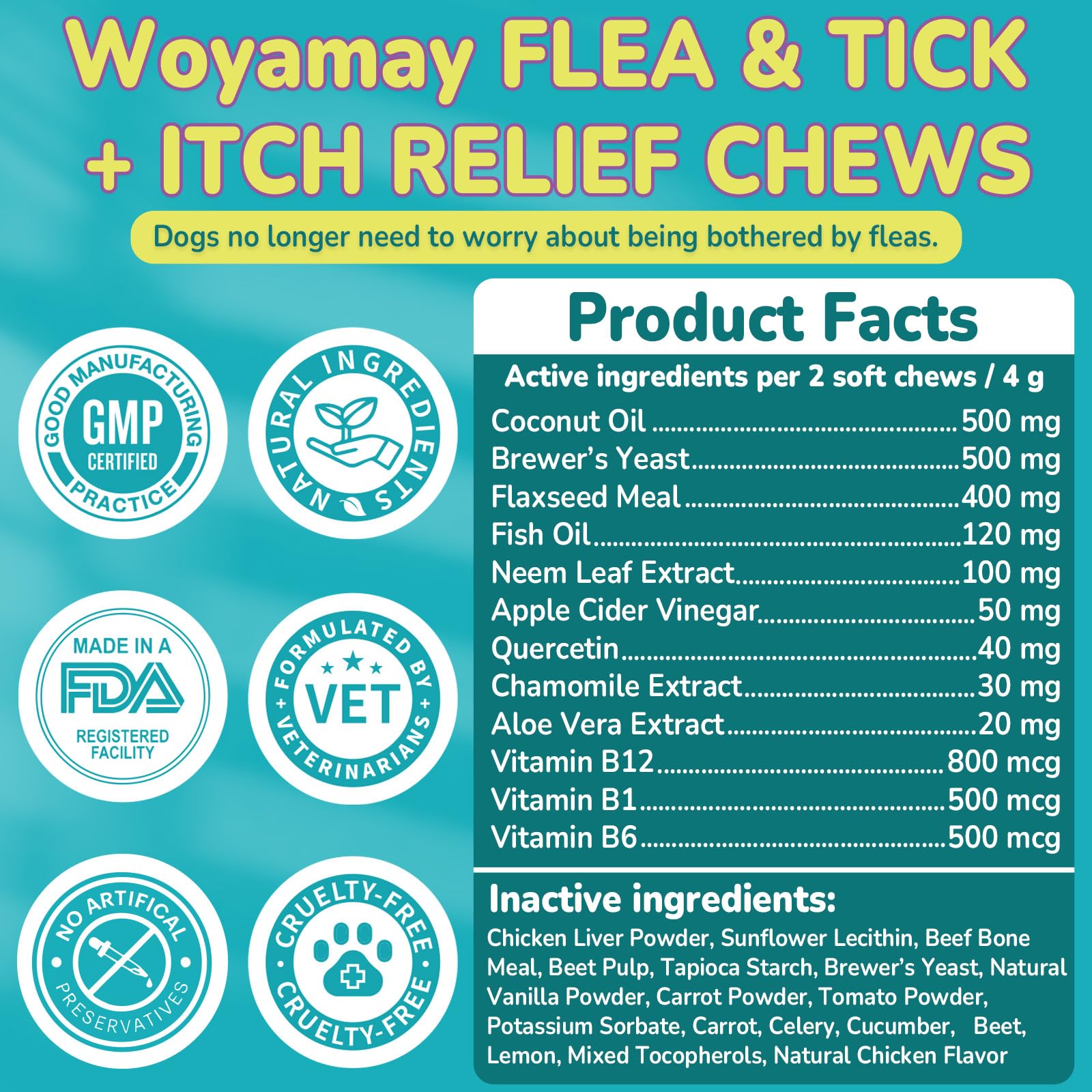 Woyamay chews containing fish oil and flaxseed for skin moisture.