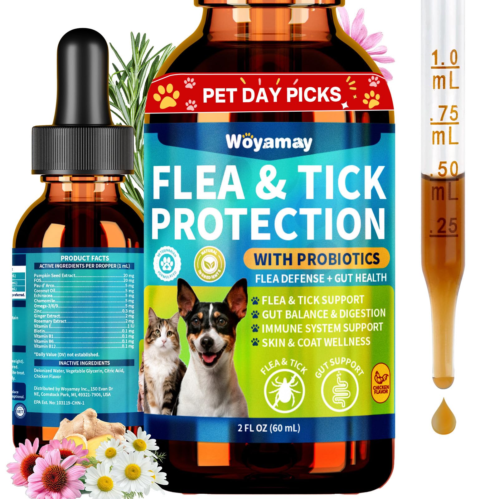 Woyamay Flea Defense Probiotic Drops bottle for dogs and cats with daily gut support