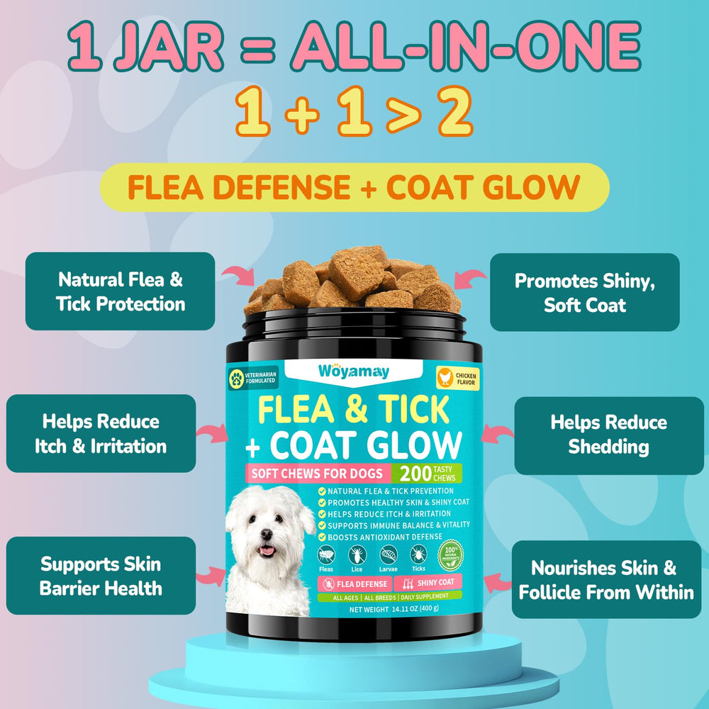 Woyamay Flea + Coat Glow chews bottle close-up highlights easy-to-administer daily protection.