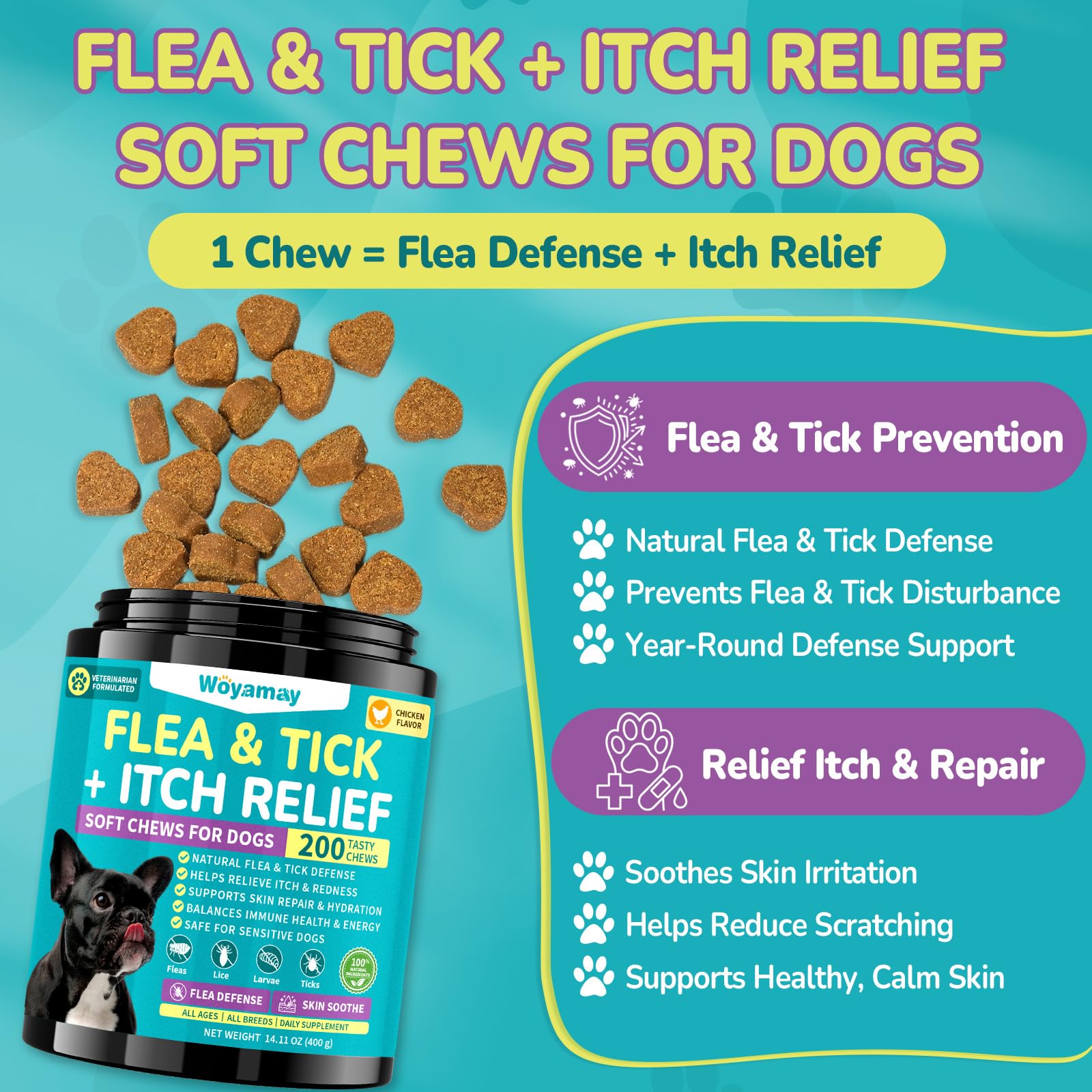 Woyamay jar of chews highlighting dog-friendly, natural ingredients for itch relief.