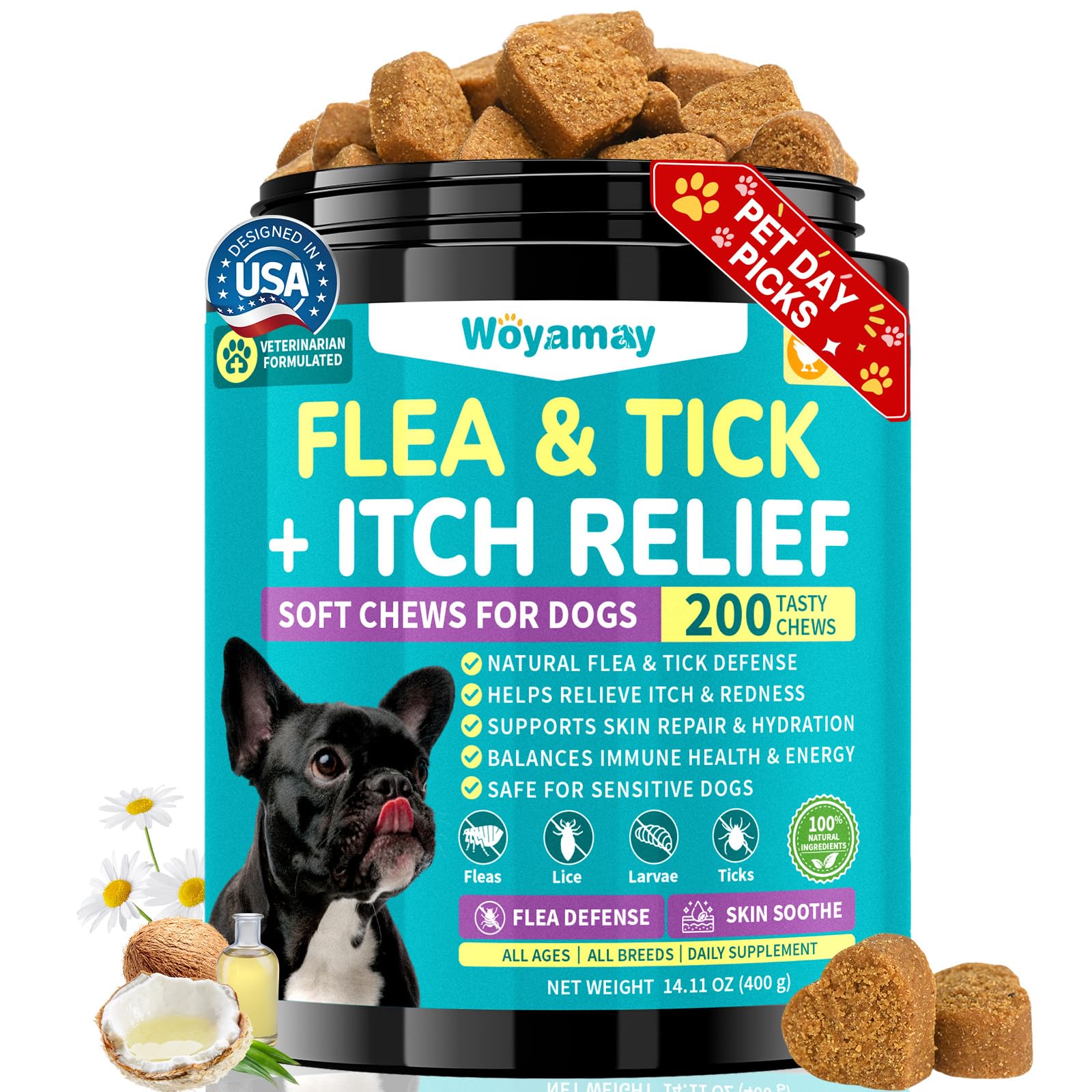 Woyamay packaging showing 200 chicken-flavored chews for easy flea prevention in dogs.