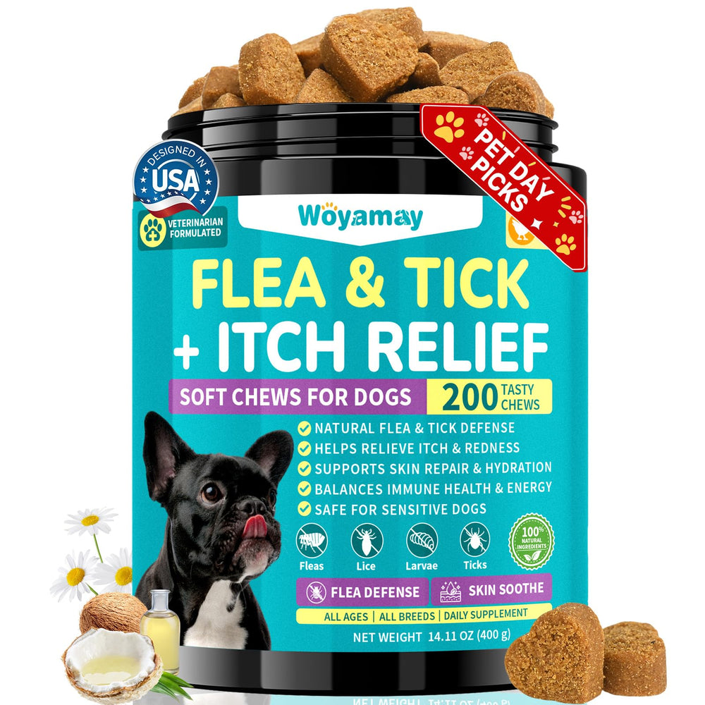 Woyamay packaging showing 200 chicken-flavored chews for easy flea prevention in dogs.