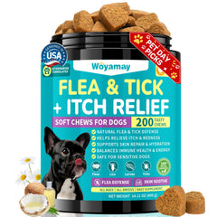 Woyamay packaging showing 200 chicken-flavored chews for easy flea prevention in dogs.