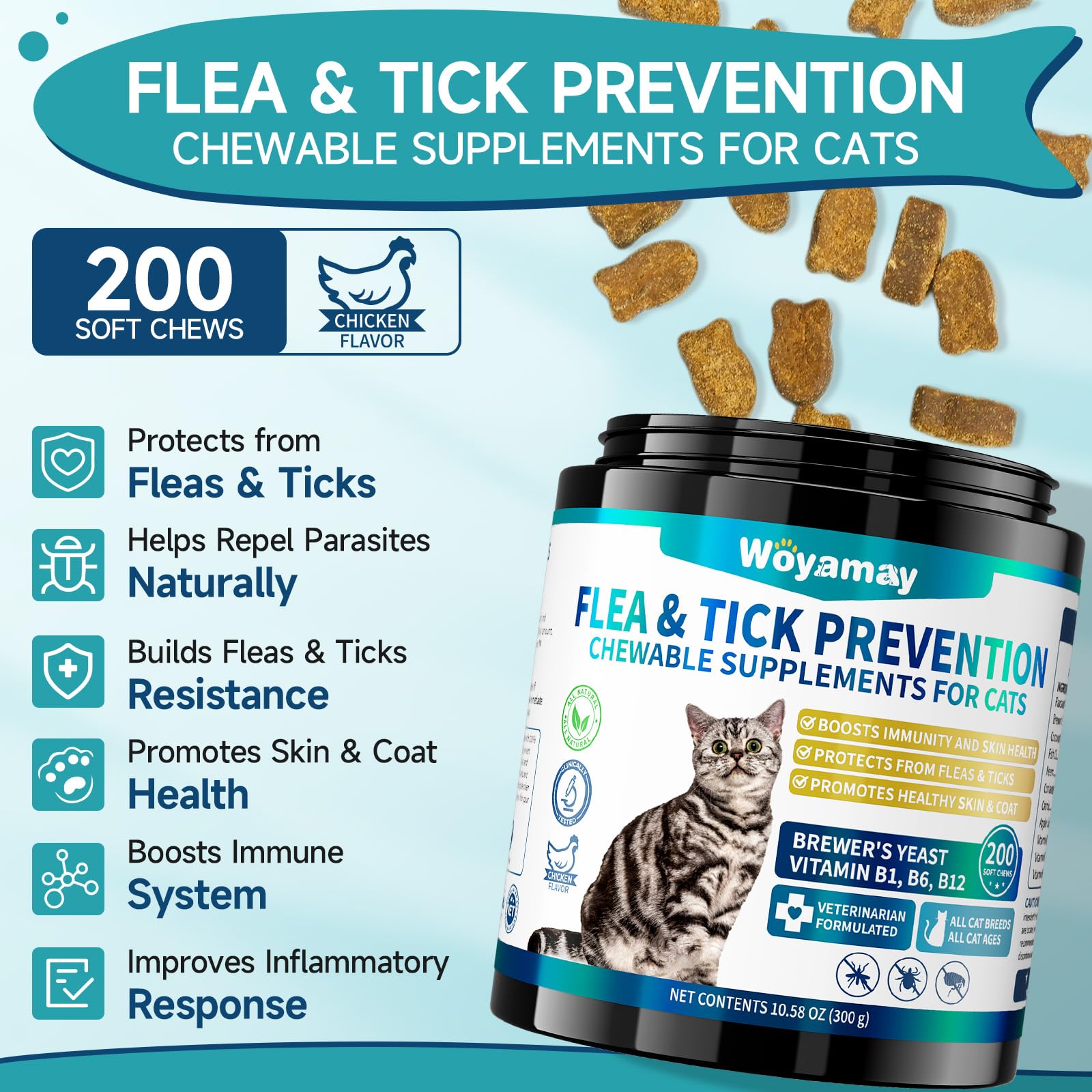 Woyamay flea treats closeup chews: tasty chicken flavor that cats happily accept.