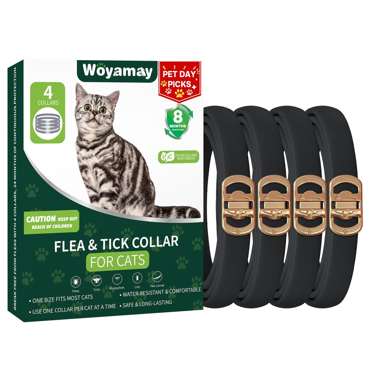 Woyamay four-pack flea collars pack shot for long-lasting protection.