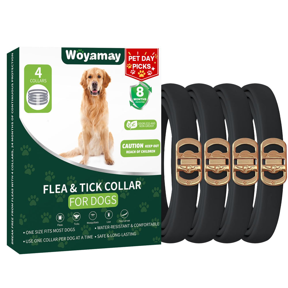Woyamay four-pack black dog flea collars provide long-lasting pest protection.