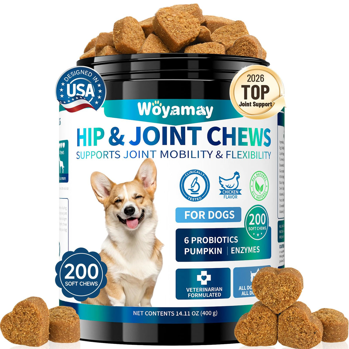 Woyamay glucosamine dog chews bottle promoting joint mobility and daily use.