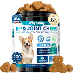 Woyamay glucosamine dog chews bottle promoting joint mobility and daily use.