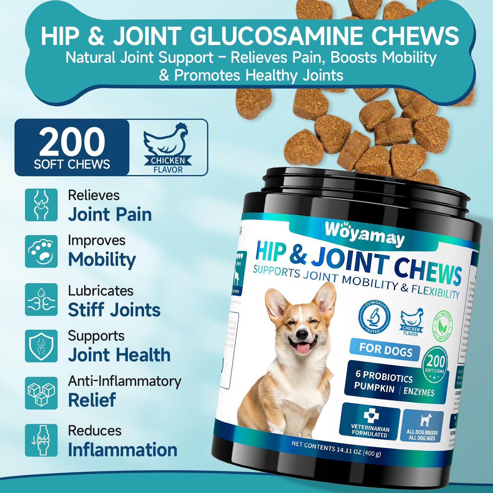 Woyamay glucosamine dog chews closeup showing tasty texture for joint care.