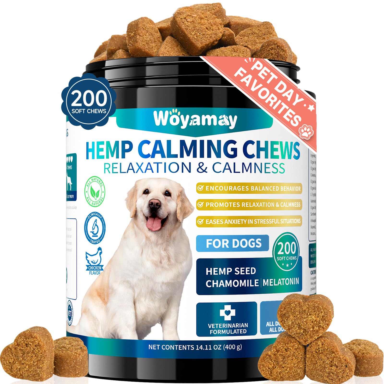 Woyamay hemp calming chews in a bottle for easy dispensing and relaxation
