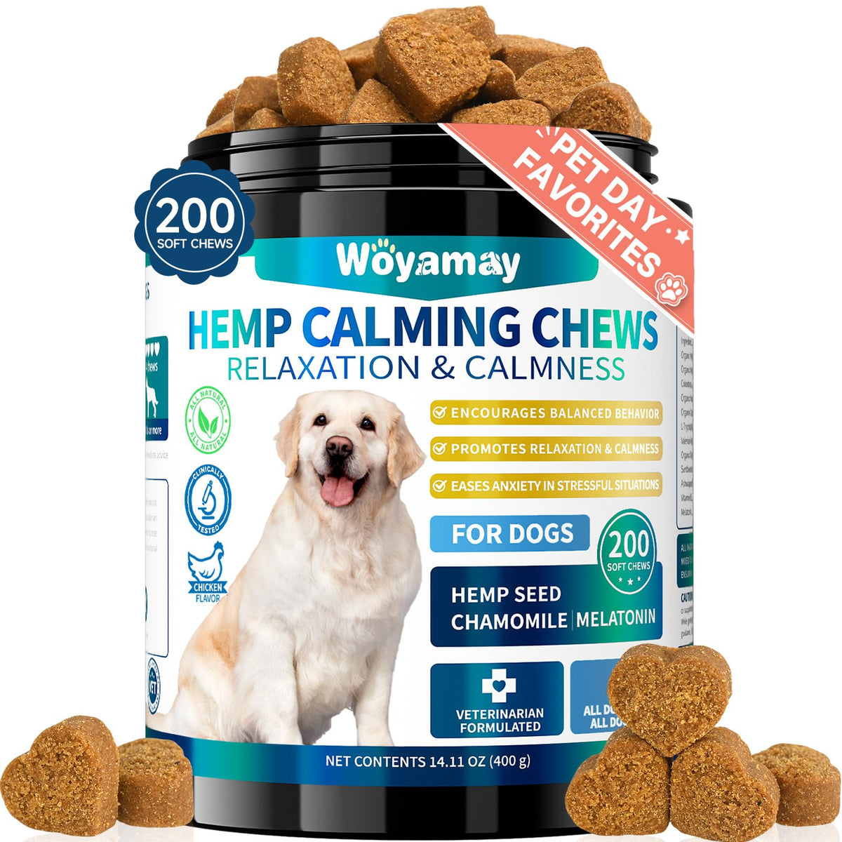 Woyamay hemp calming chews in a bottle for easy dispensing and relaxation