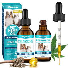 Woyamay hemp oil drops bottle promotes calm for pets.