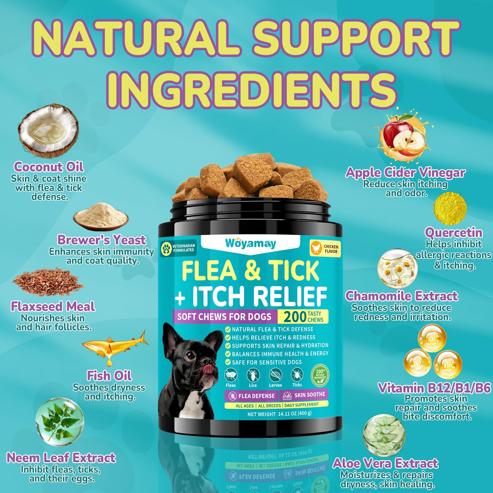 Woyamay formula featuring coconut oil and neem leaf for natural defense.