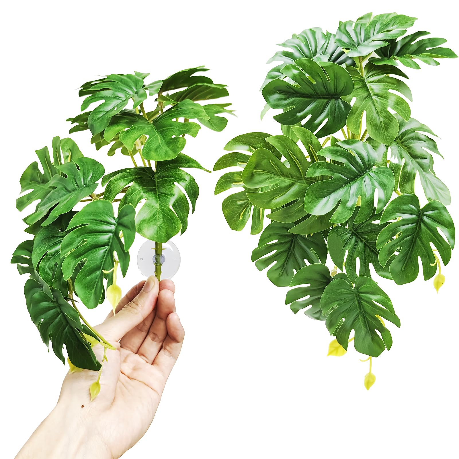 Woyrise fake Monstera terrarium plant two-pack enhances reptile habitat with lifelike leaves.