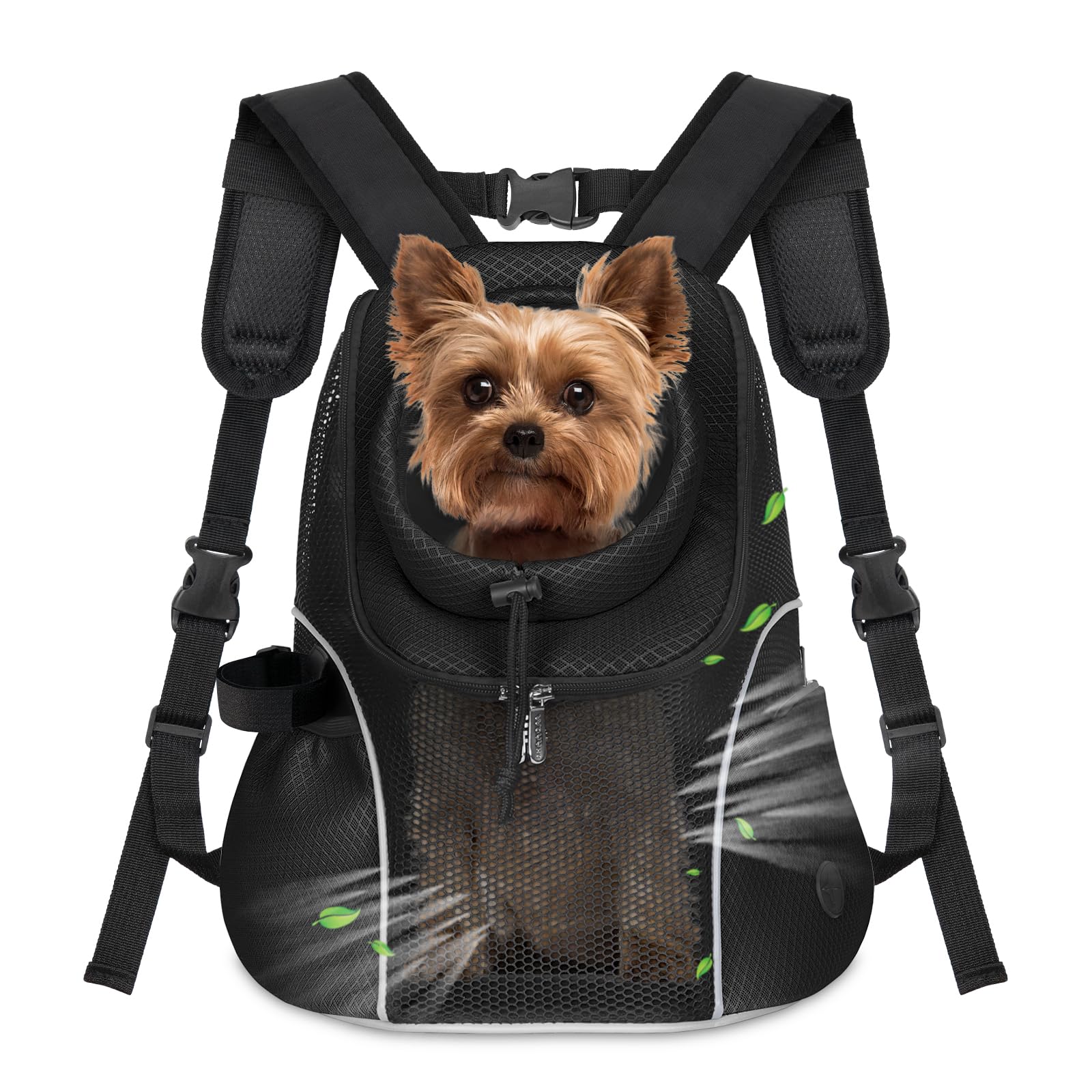 WOYYHO dog carrier backpack front view highlights breathable mesh and secure, comfortable fit.